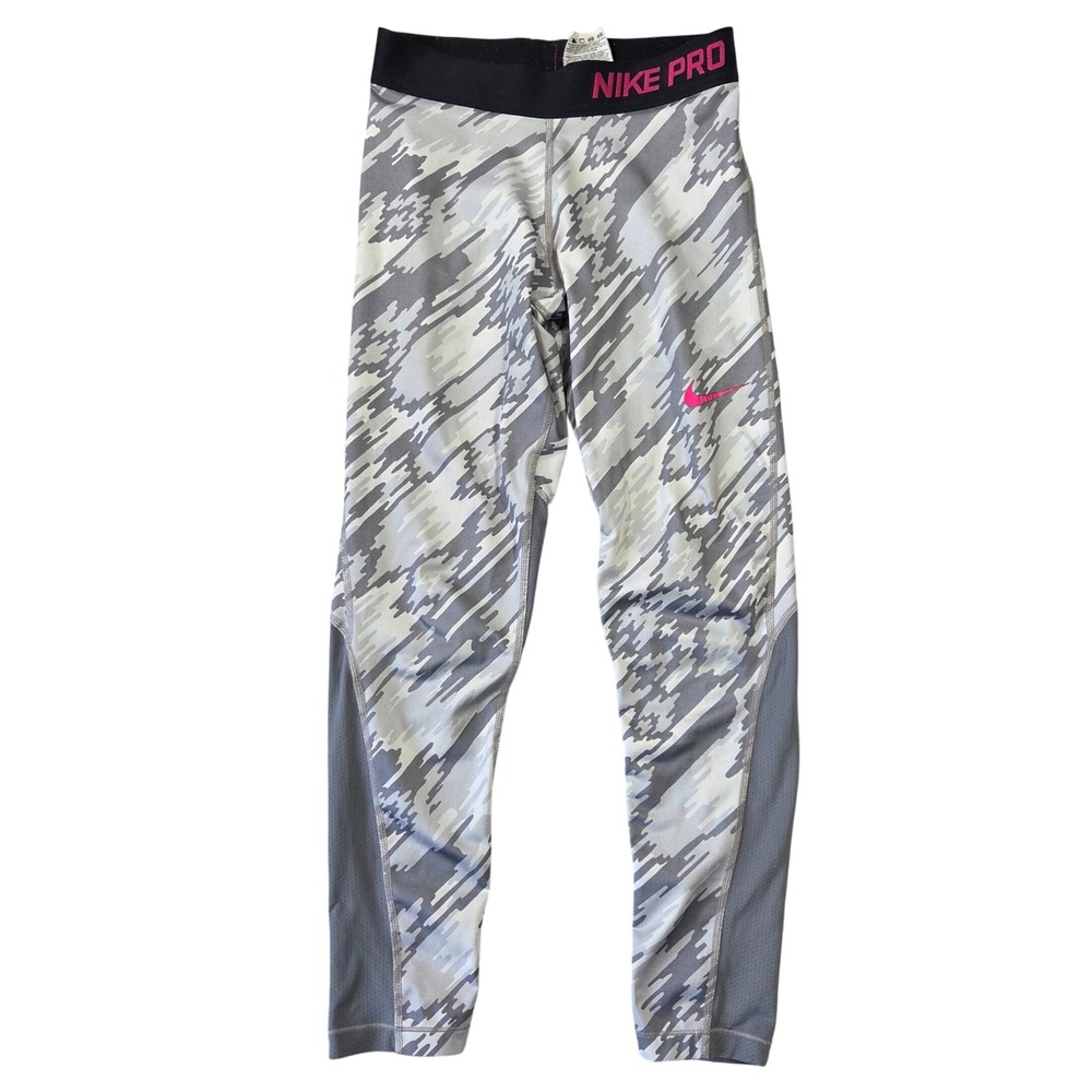 Nike Pro Dri-FIT Kids Girls Medium Grey White Camo Athletic Leggings Pink Logo
